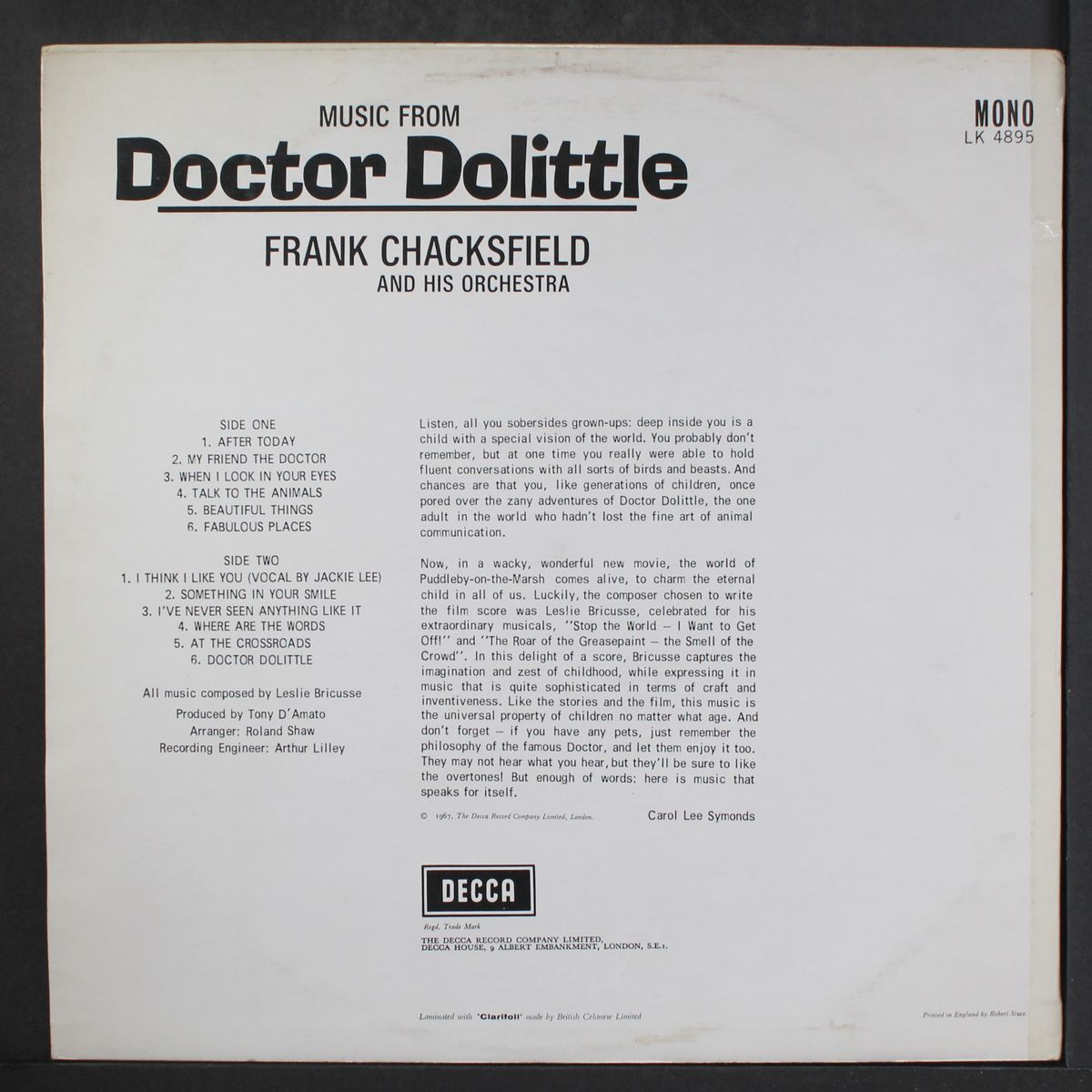 sings dr. dolittle by TOM GLAZER