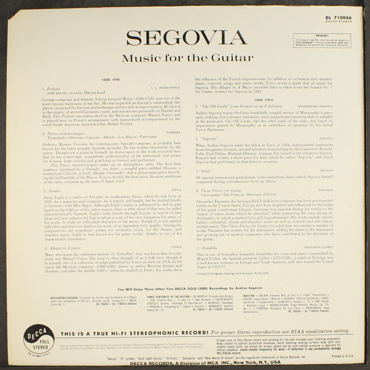 music for the guitar by ANDRES SEGOVIA