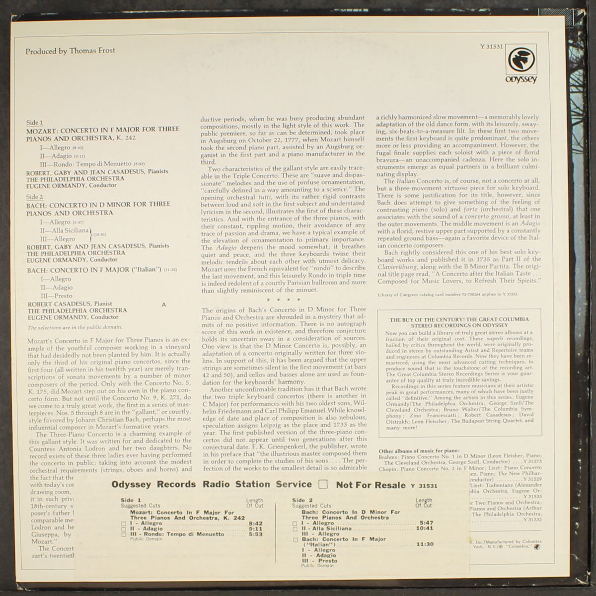 bach/mozart: concertos for three pianos and orchestra by EUGENE ORMANDY