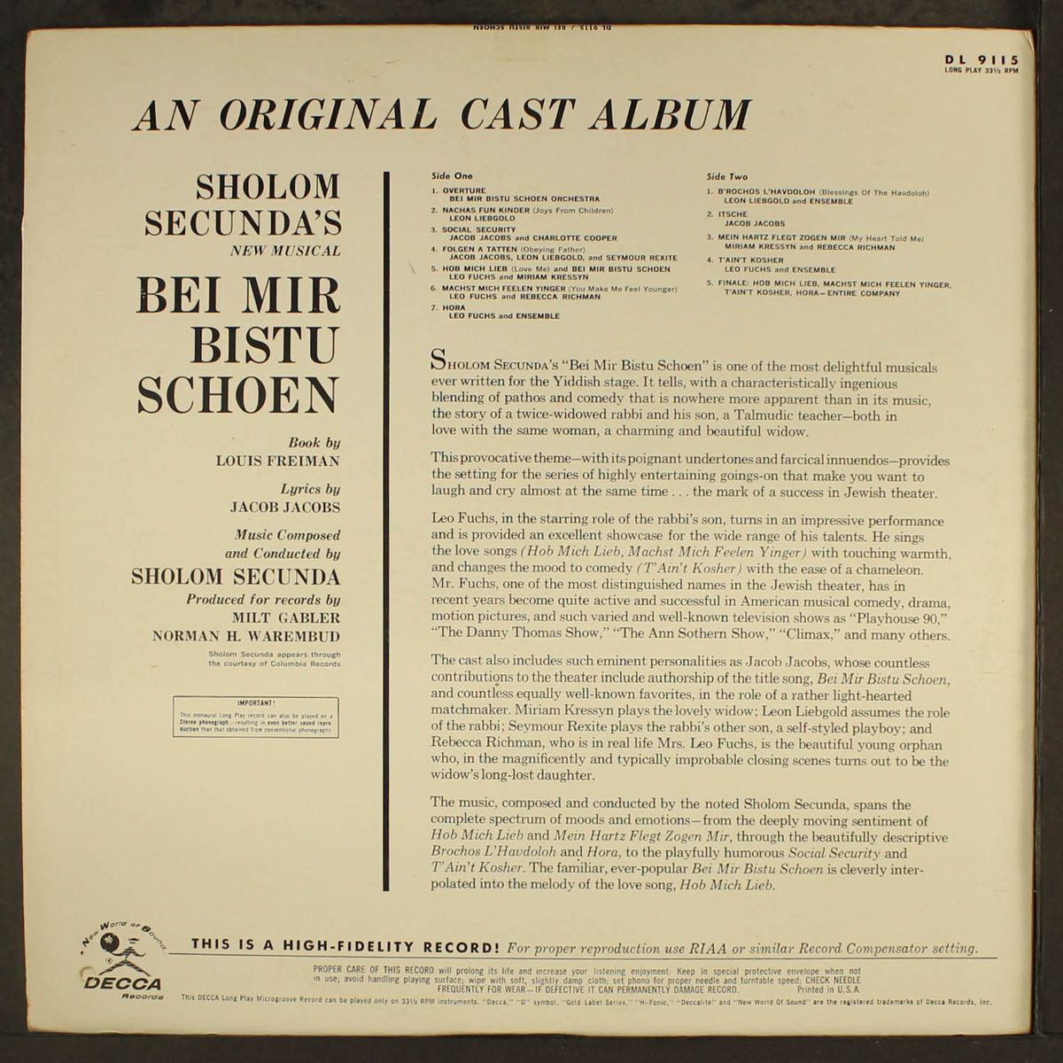 bei mir bistu schoen by ORIGINAL CAST