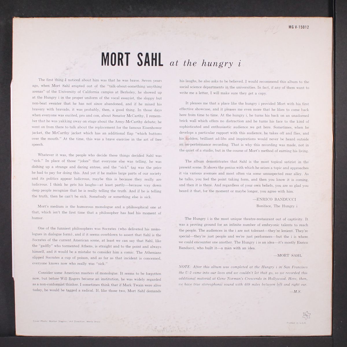 at the hungry i by MORT SAHL