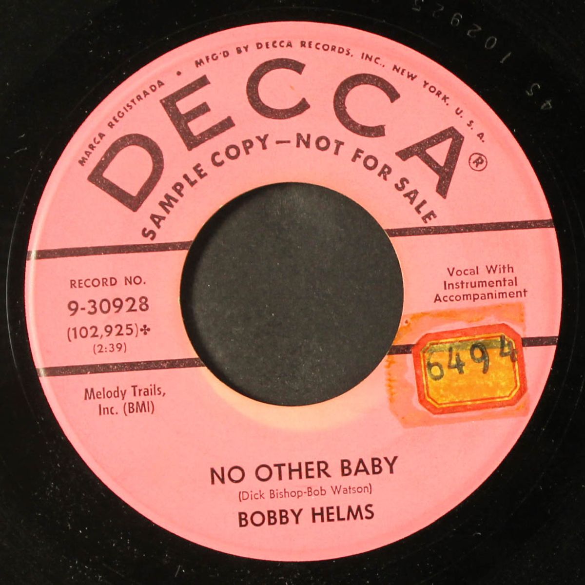 no other baby / you're no longer mine by BOBBY HELMS