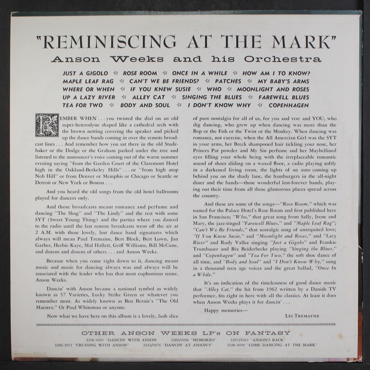reminiscing at the mark by ANSON WEEKS