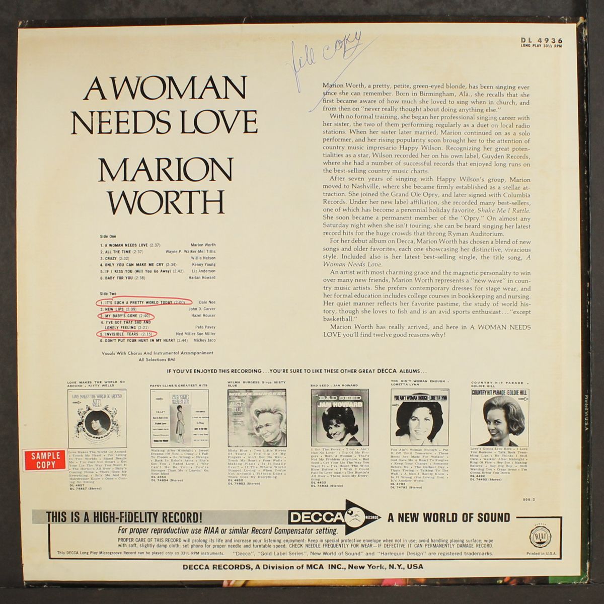 a woman needs love by MARION WORTH