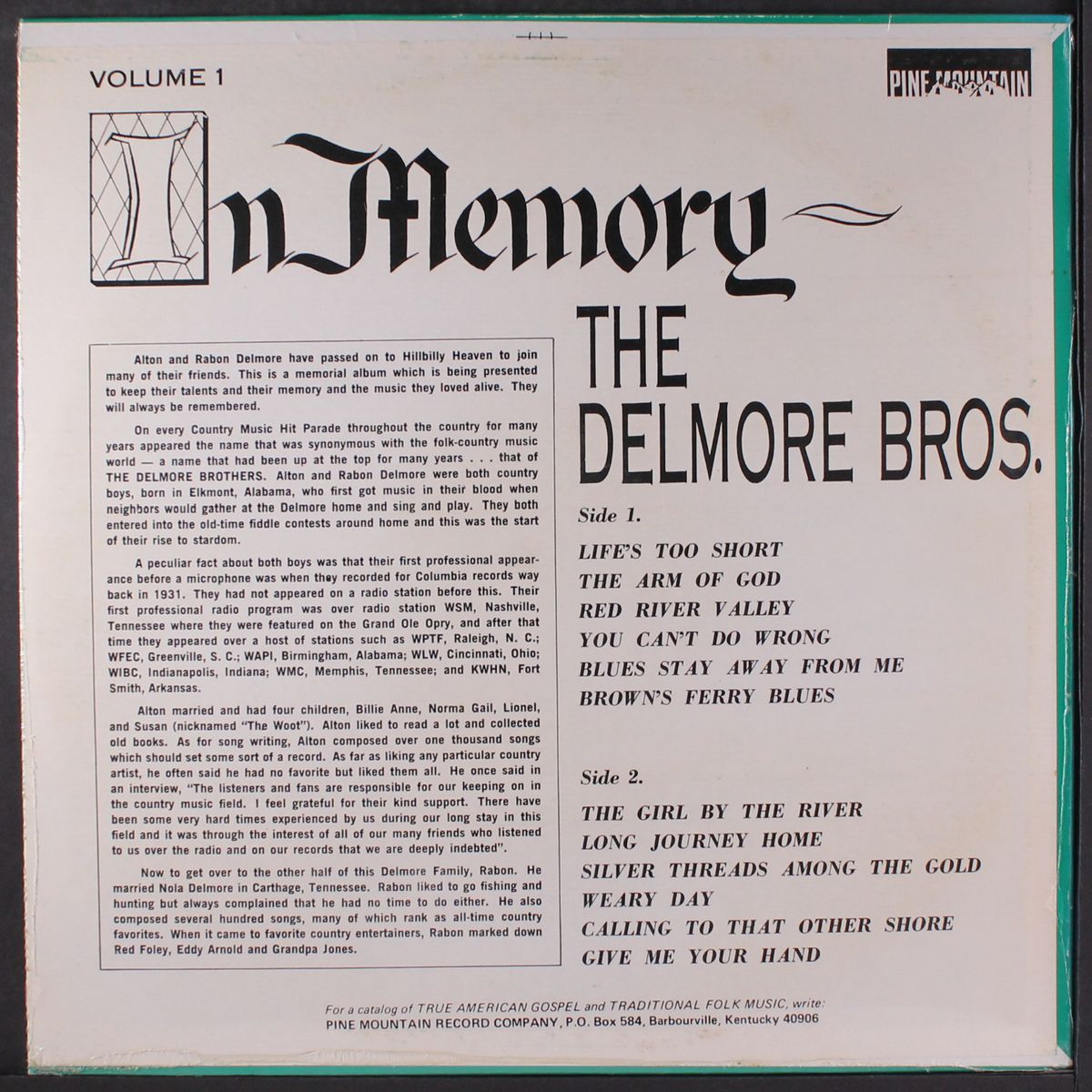 in memory by DELMORE BROTHERS