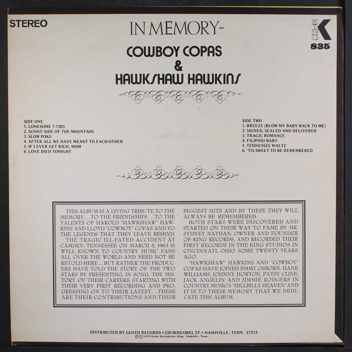 in memory by COWBOY COPAS / HAWKSHAW HAWKINS