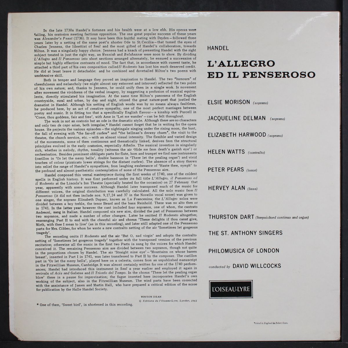 handel: l'allegro ed il penseroso by DAVID WILLCOCKS