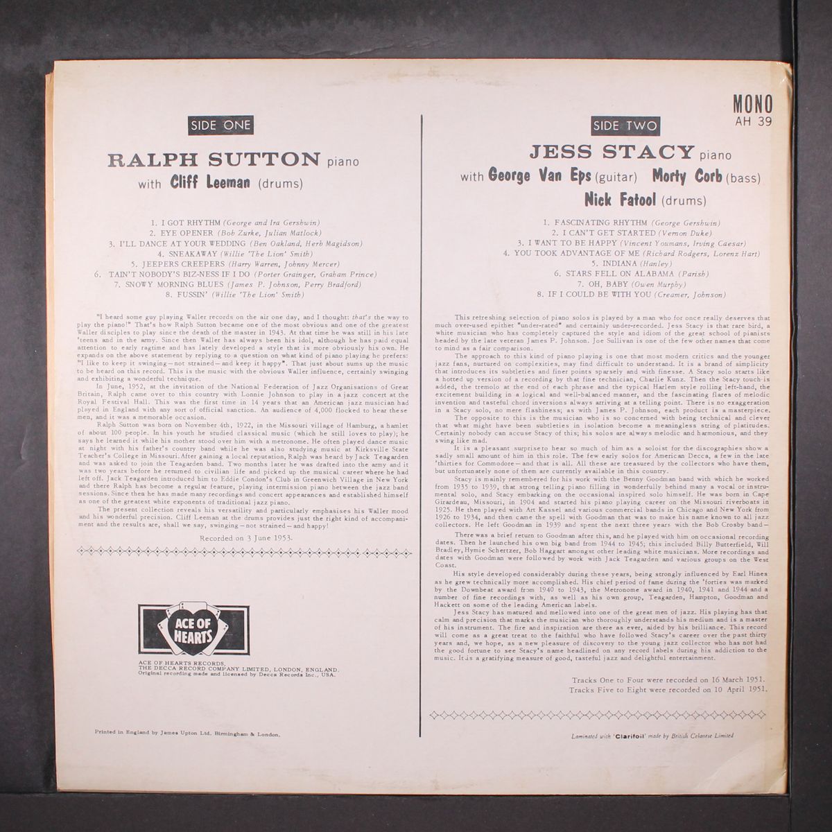 piano solos by RALPH SUTTON & JESS STACY