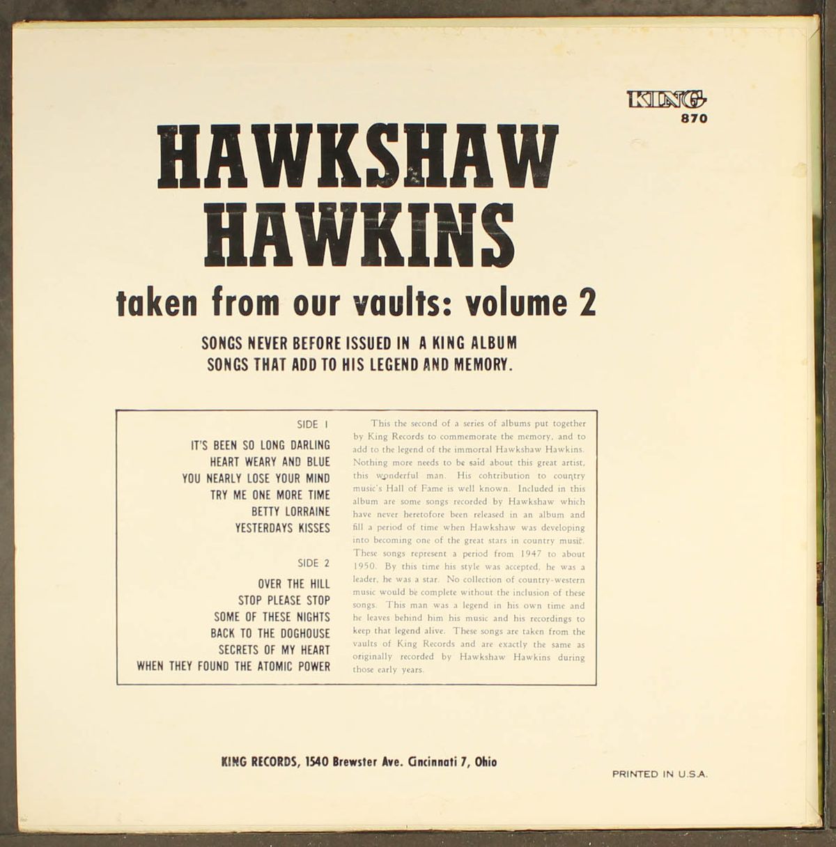 taken from our vaults, vol. 2 by HAWKSHAW HAWKINS