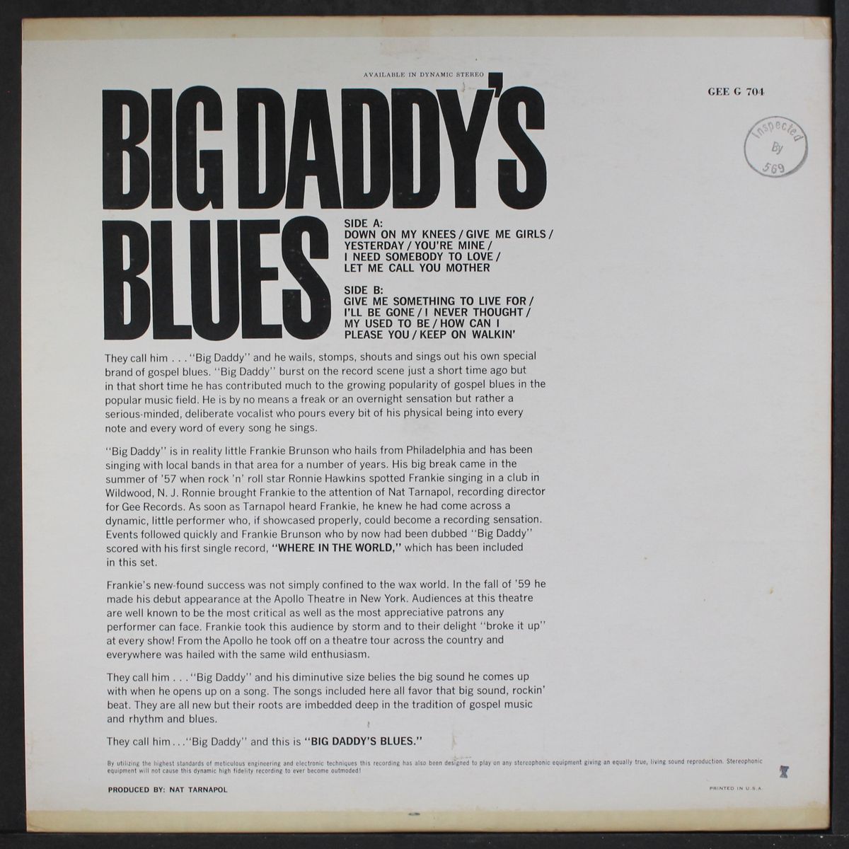big daddy's blues by LITTLE FRANKIE BRUNSON