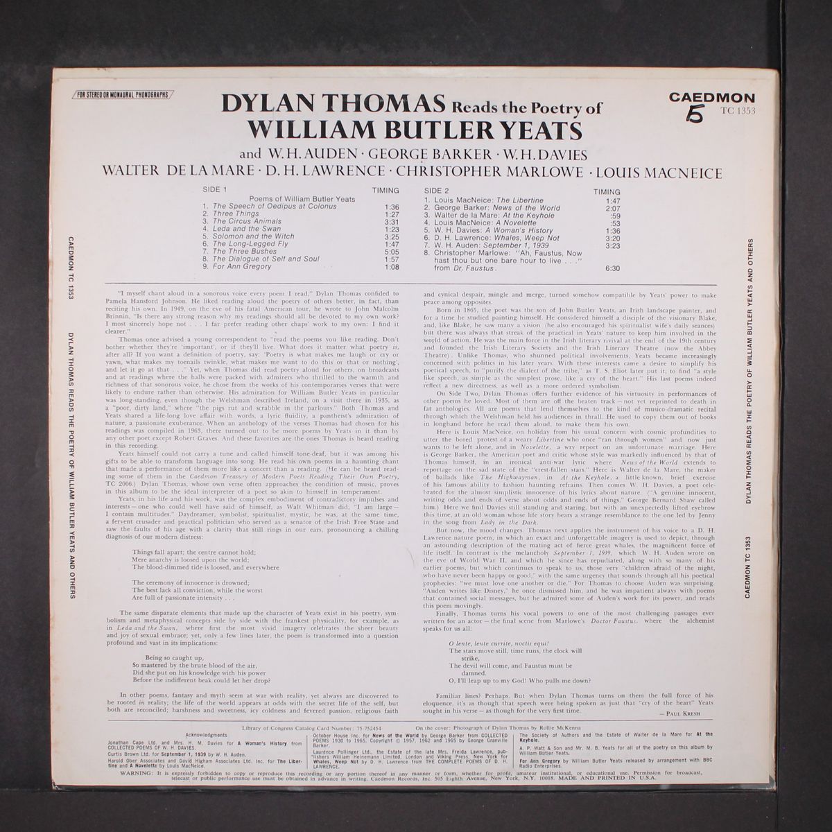 reads the poetry of william butler yeats by DYLAN THOMAS