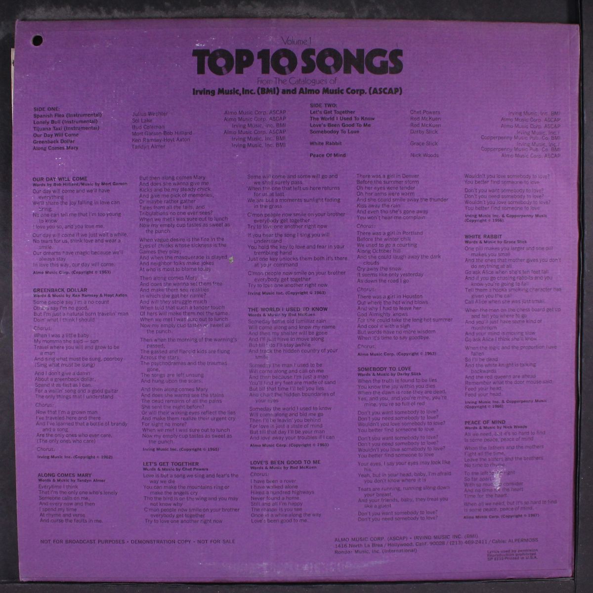 top ten songs vol. 1 from irving & almo music by JEFFERSON AIRPLANE & OTHERS