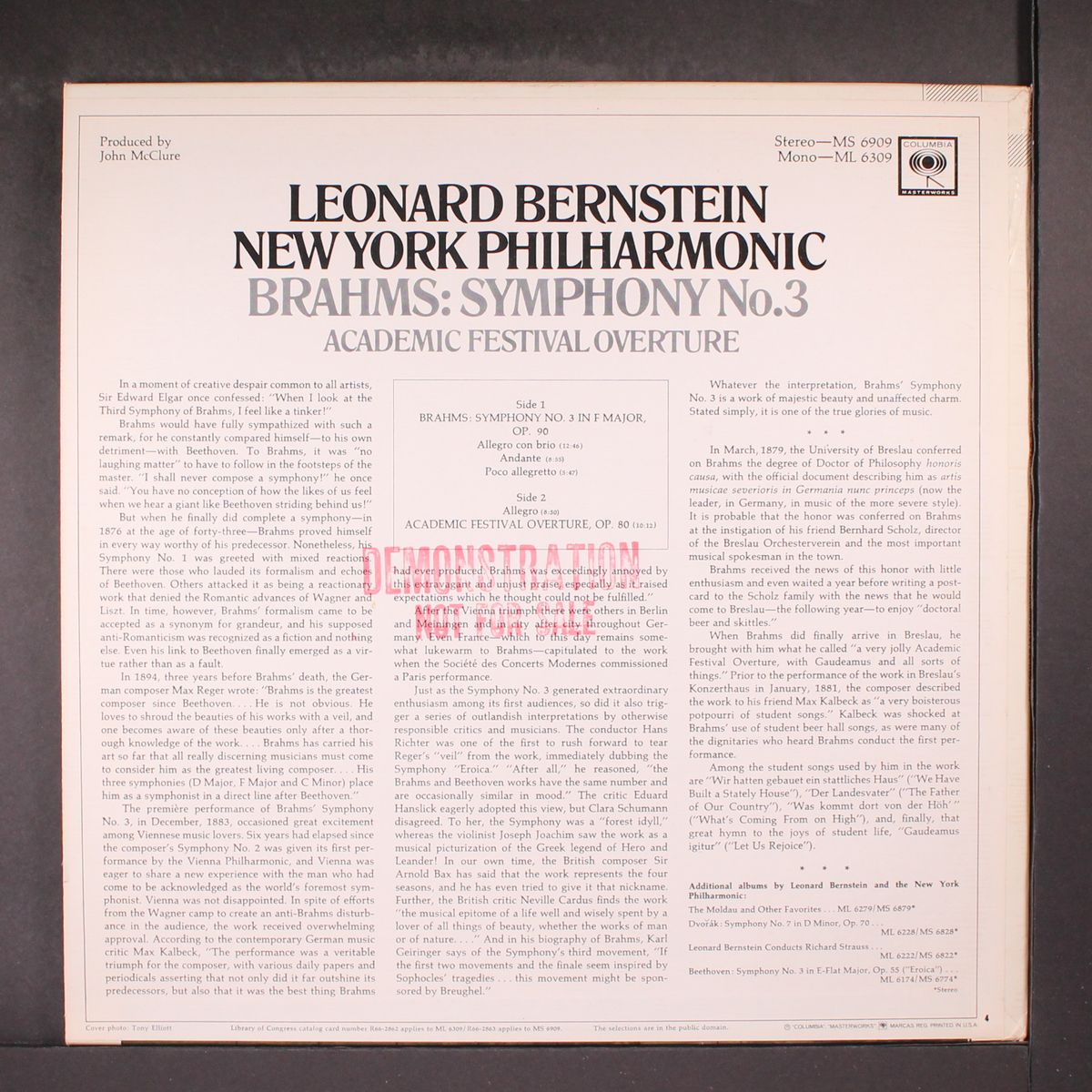 brahms: symphony no. 3, academic overture by LEONARD BERNSTEIN