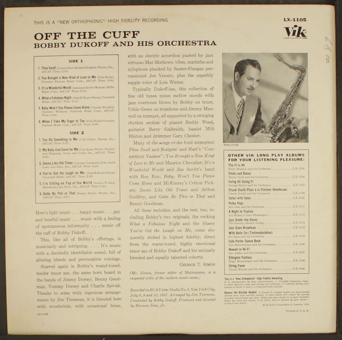 off the cuff by BOBBY DUKOFF