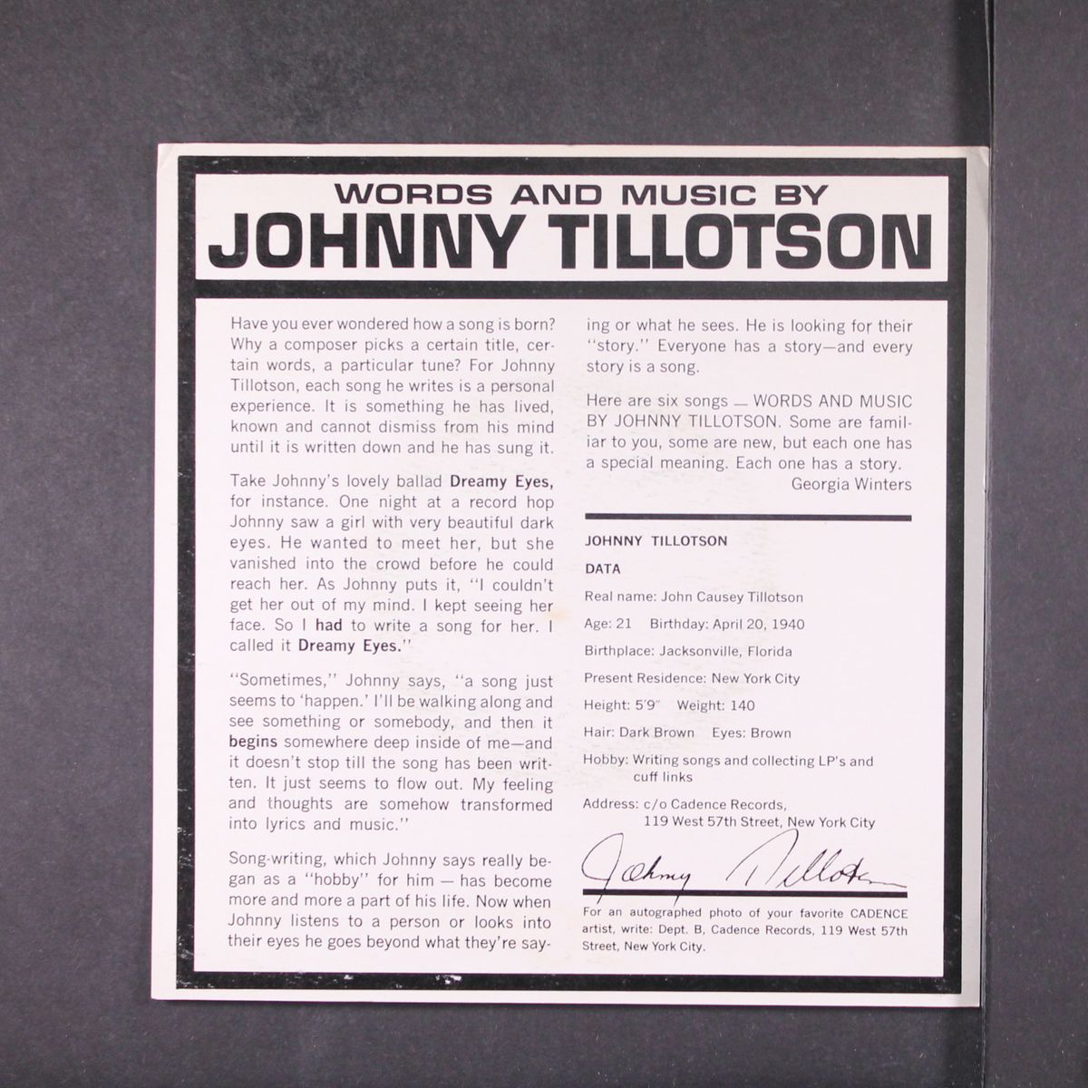 words and music by by JOHNNY TILLOTSON