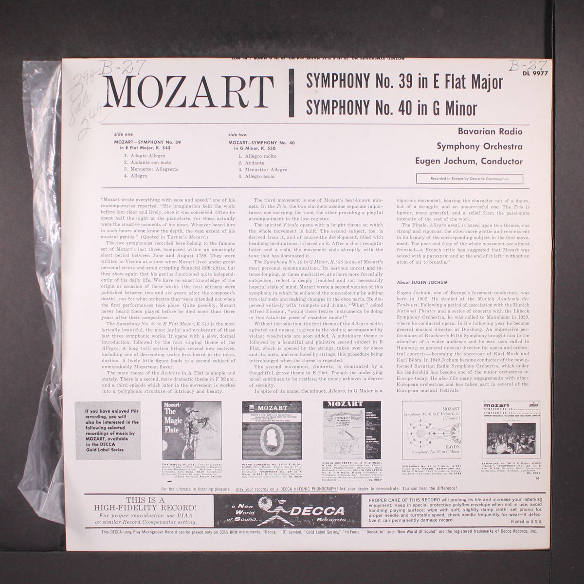 mozart: symphony no. 39 in e flat major by EUGEN JOCHUM