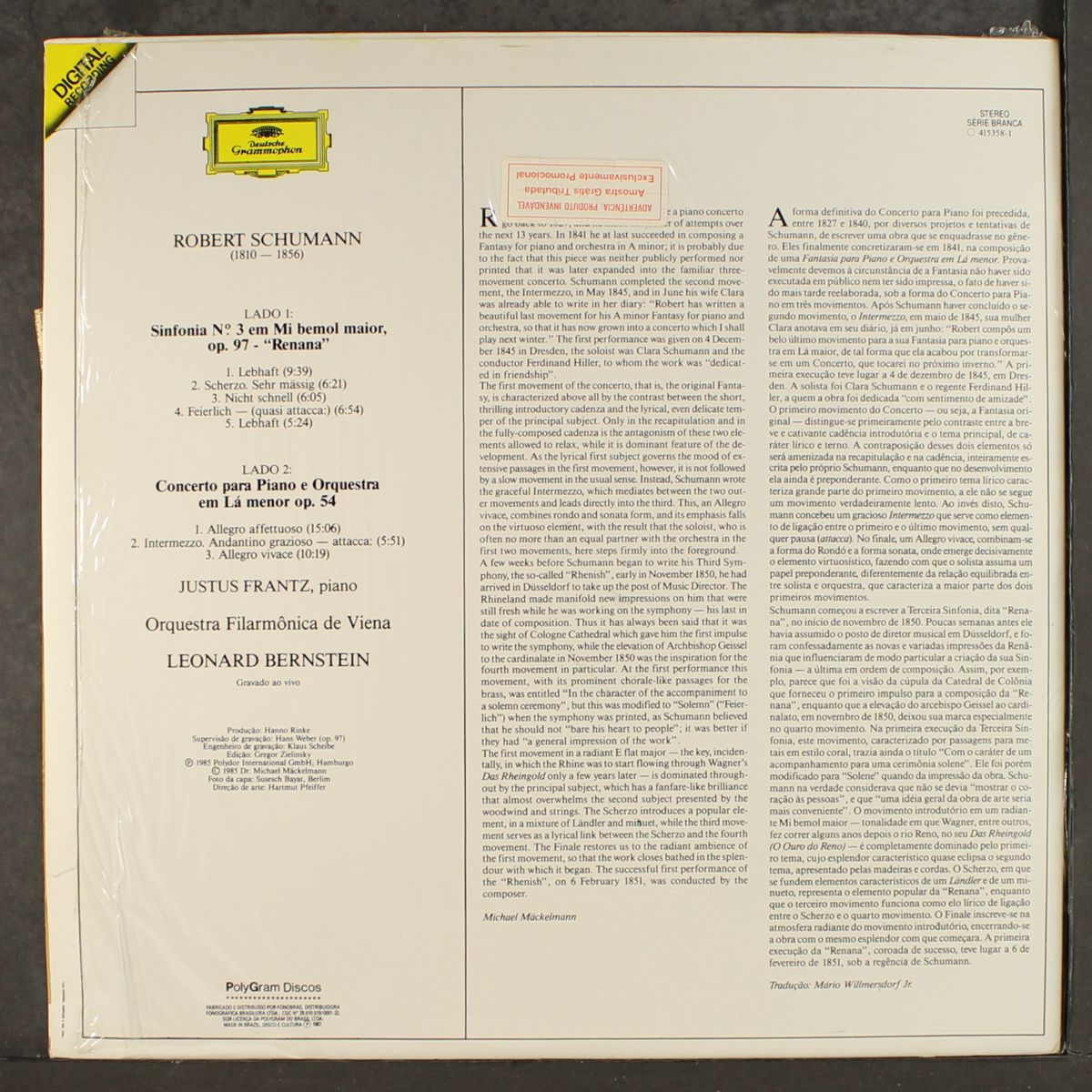 schumann: symphony no. 3 / piano concerto by LEONARD BERNSTEIN