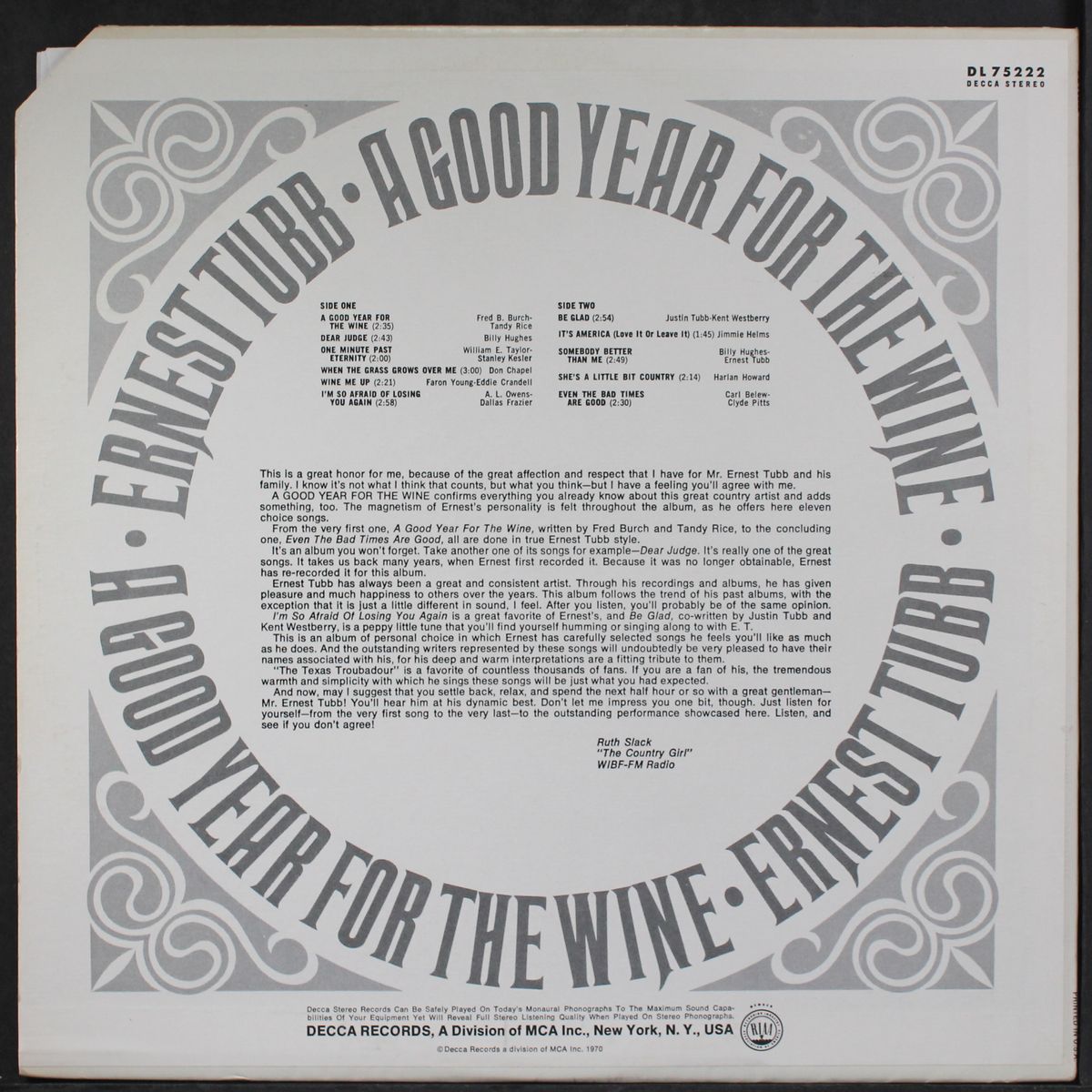 a good year for the wine by ERNEST TUBB