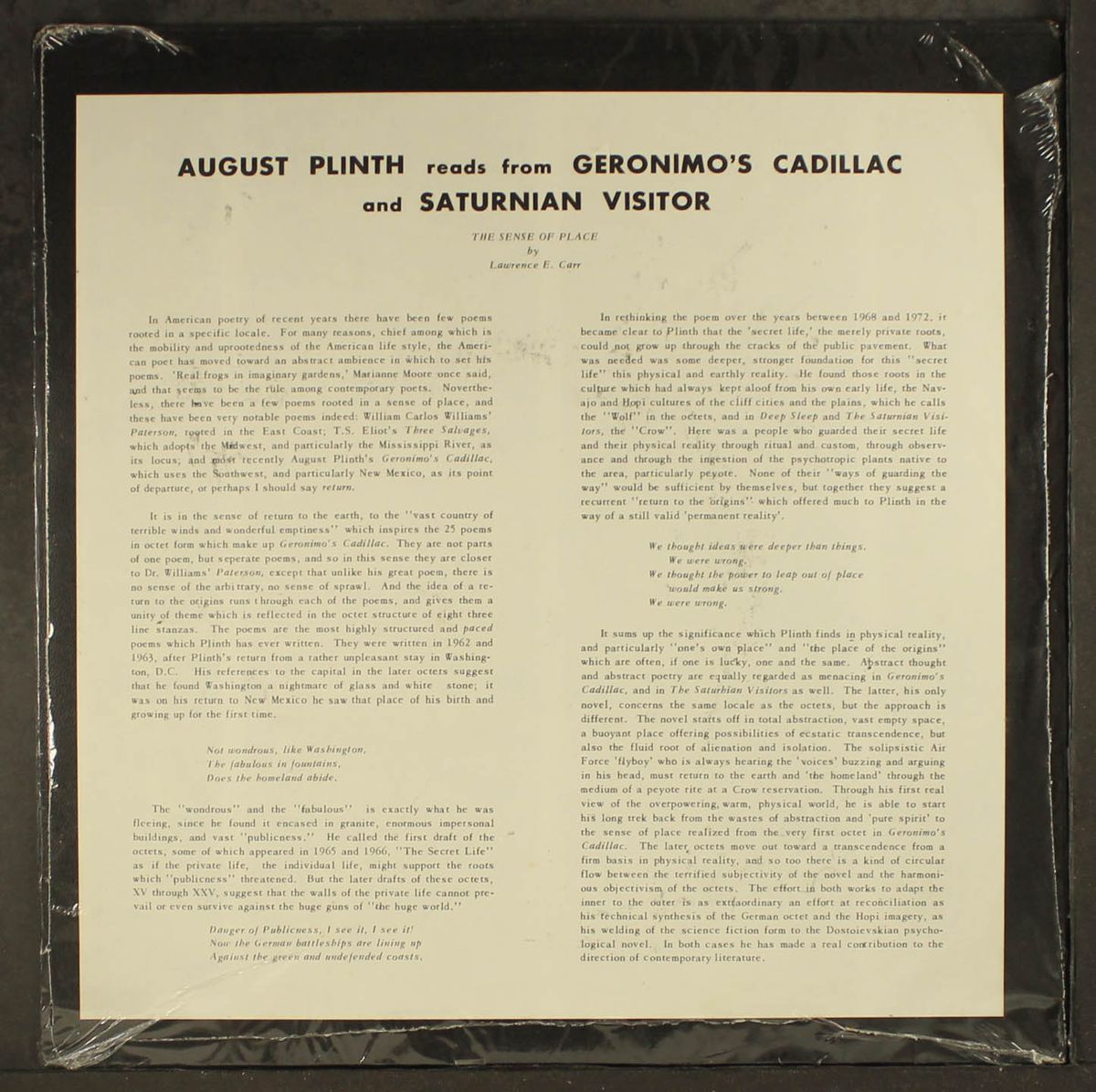 reads from geronimo's cadillac and saturnian visitors by AUGUST PLINTH
