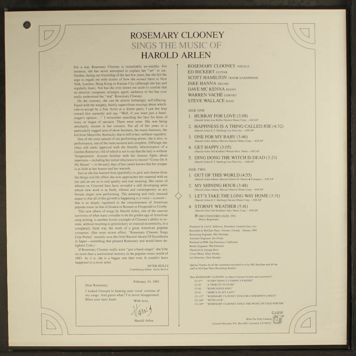 sings the music of harold arlen by ROSEMARY CLOONEY