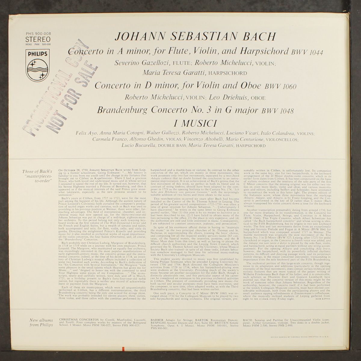 bach: concerto in a minor / concerto in d minor / brandenburg concerto by I MUSICI