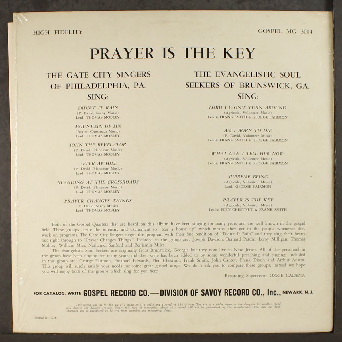 prayer is the key by GATE CITY SINGERS / EVANGELISTIC SOUL SINGERS