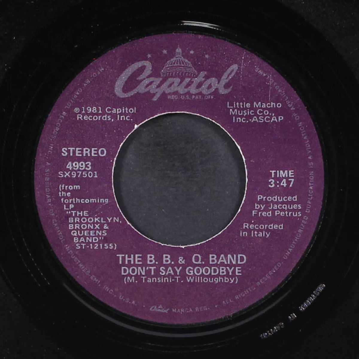 on the beat / don't say goodbye by B.B. & Q. BAND