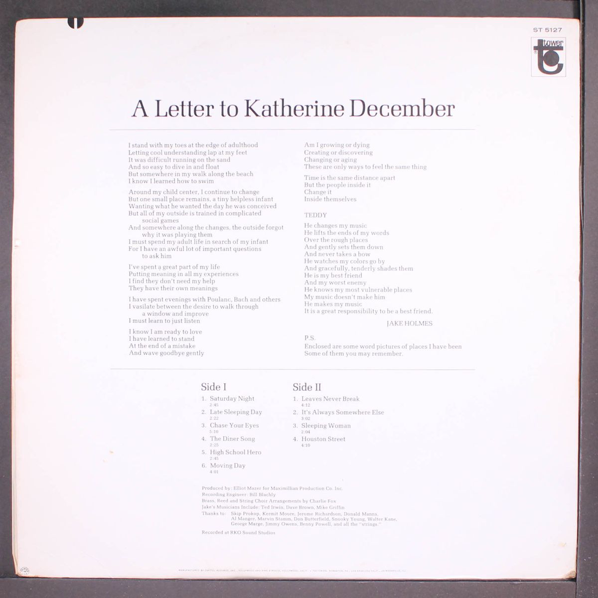 a letter to katherine december by JAKE HOLMES