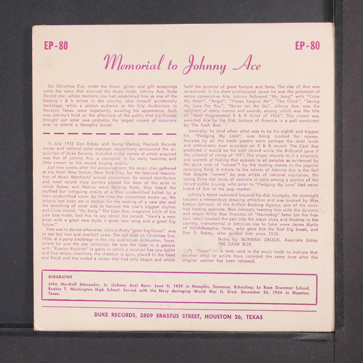 memorial album by JOHNNY ACE