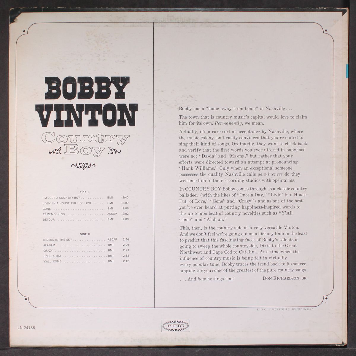 country boy by BOBBY VINTON