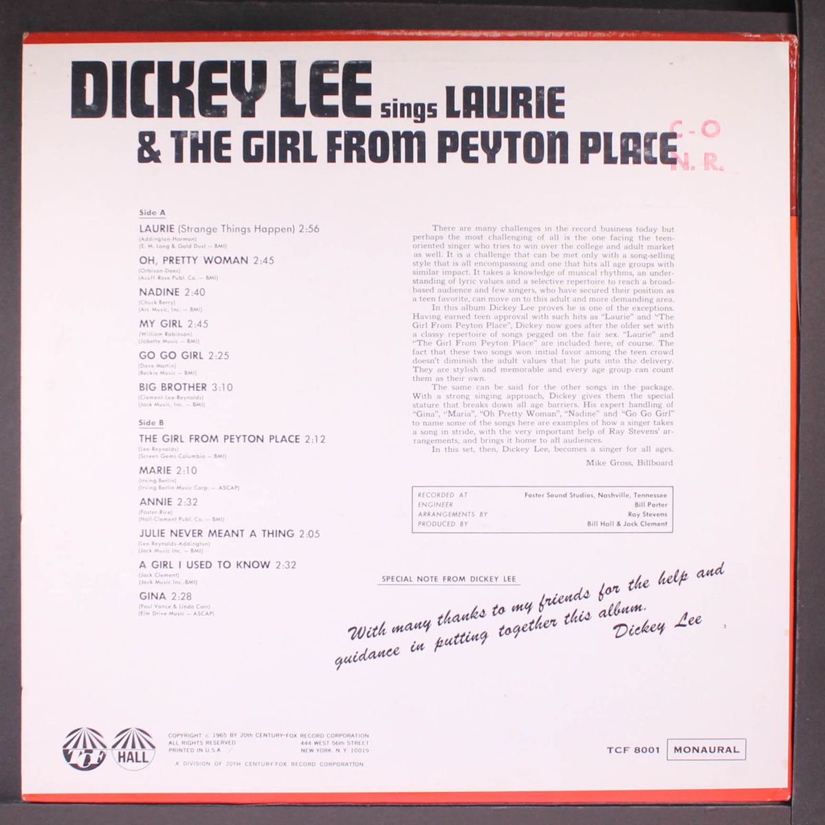 sings laurie & the girl from peyton place by DICKEY LEE