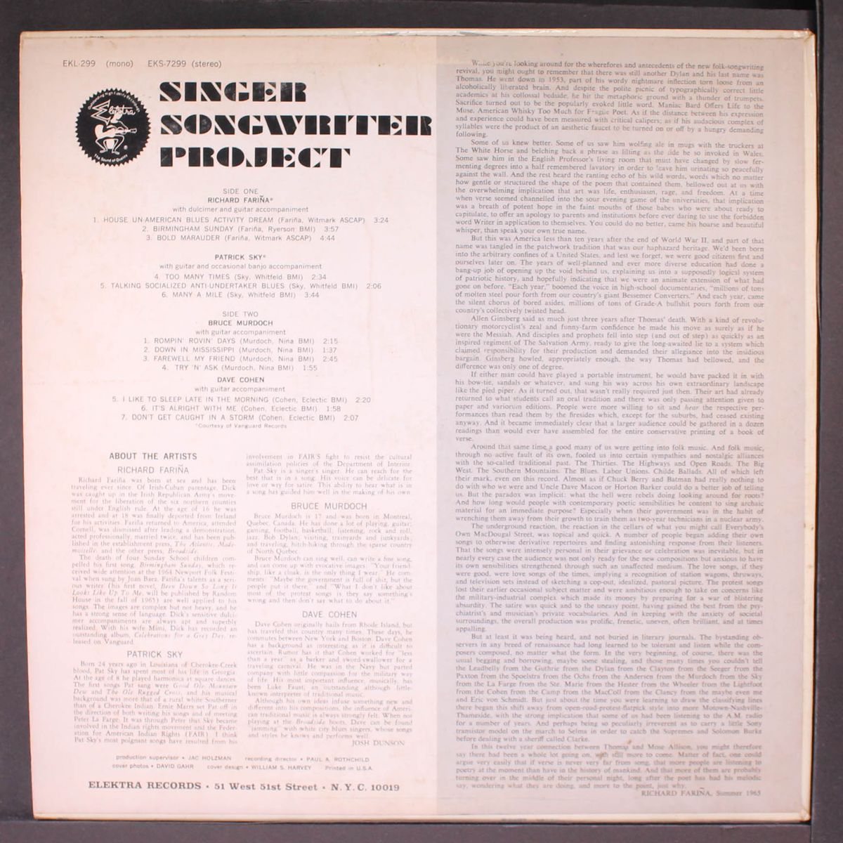 singer songwriter project by RICHARD FARINA, DAVE COHEN & OTHERS