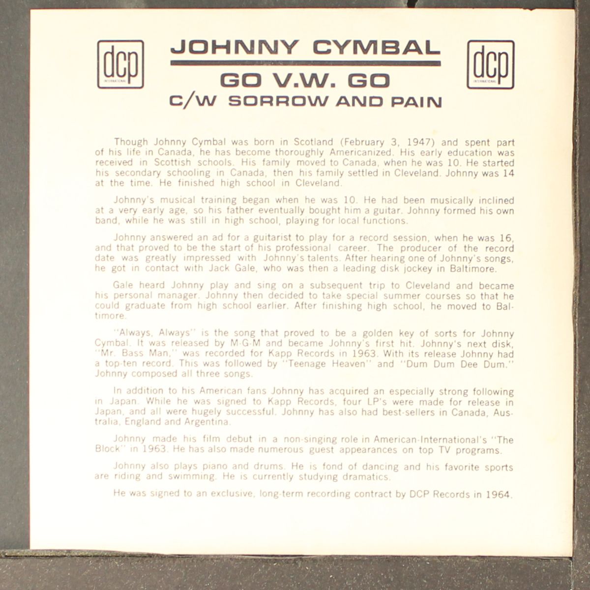 go v.w. go / sorrow and pain by JOHNNY CYMBAL