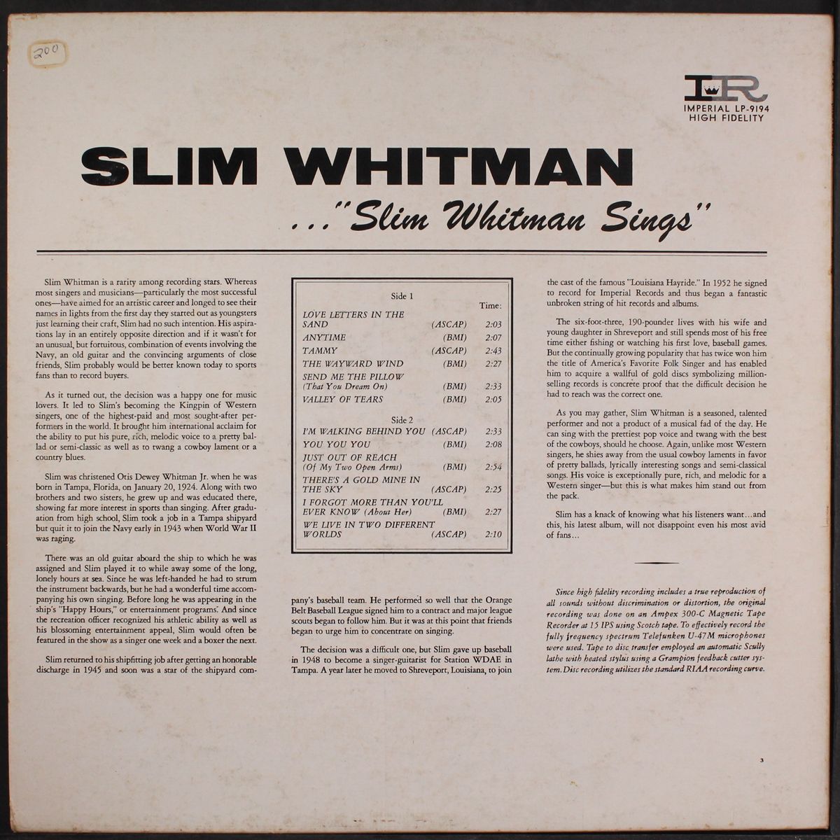 sings by SLIM WHITMAN