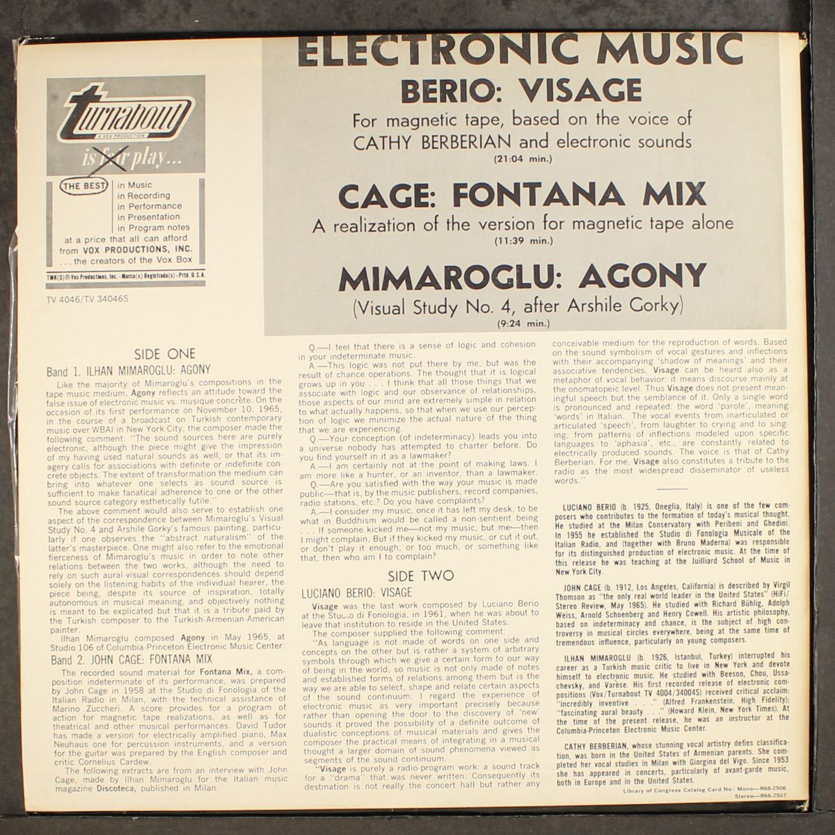 electronic music by JOHN CAGE, ILHAN MIMAROGLU, LUCIANO BERIO