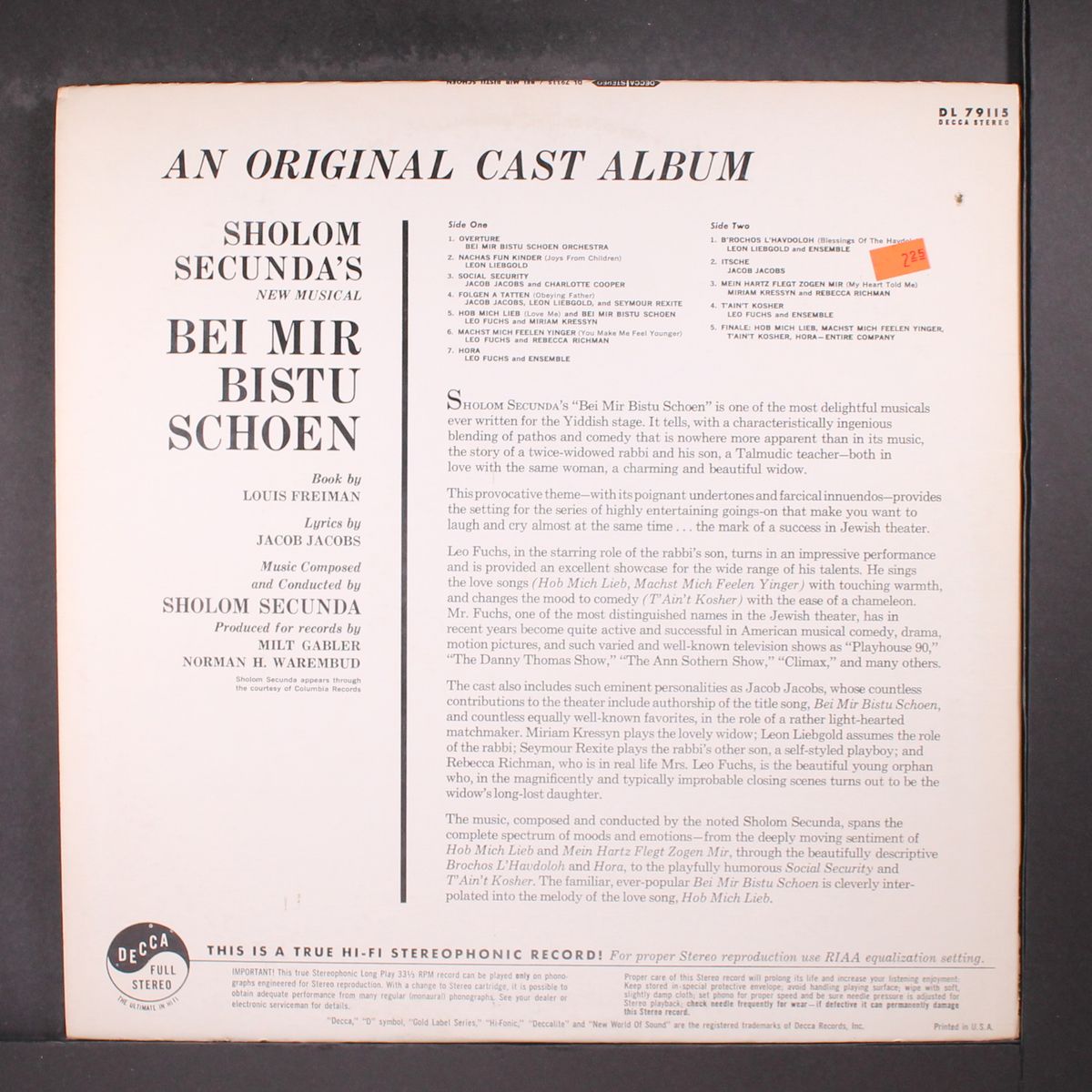 bei mir bistu schoen by ORIGINAL CAST