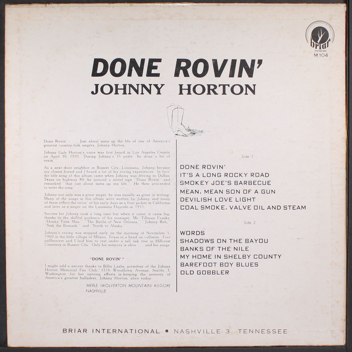 done rovin' by JOHNNY HORTON