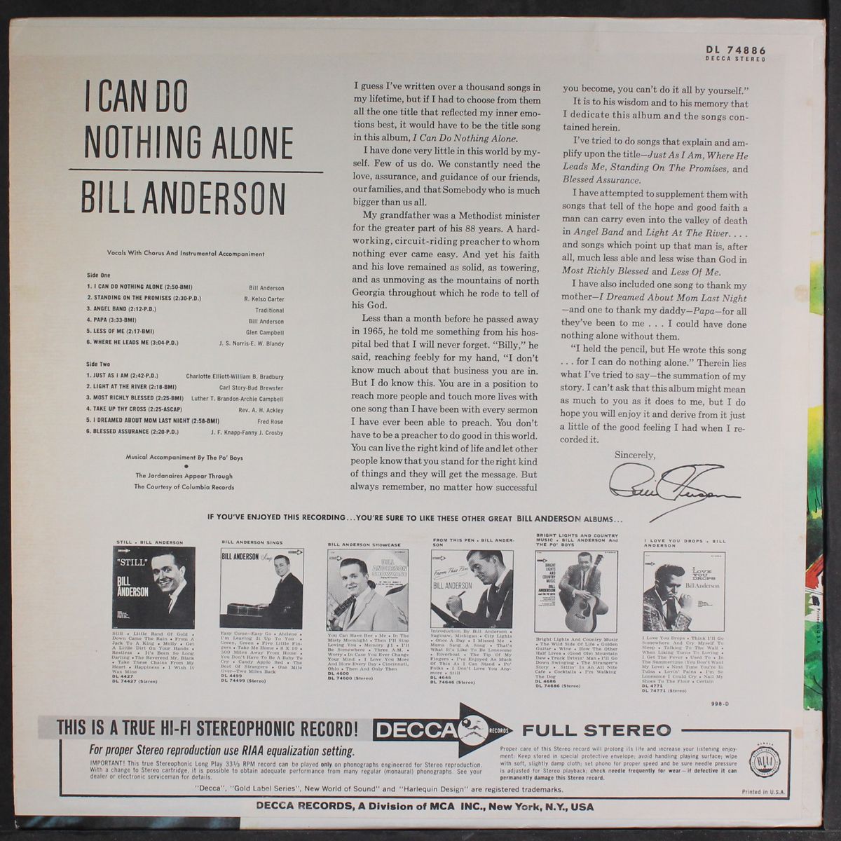 i can do nothing alone by BILL ANDERSON