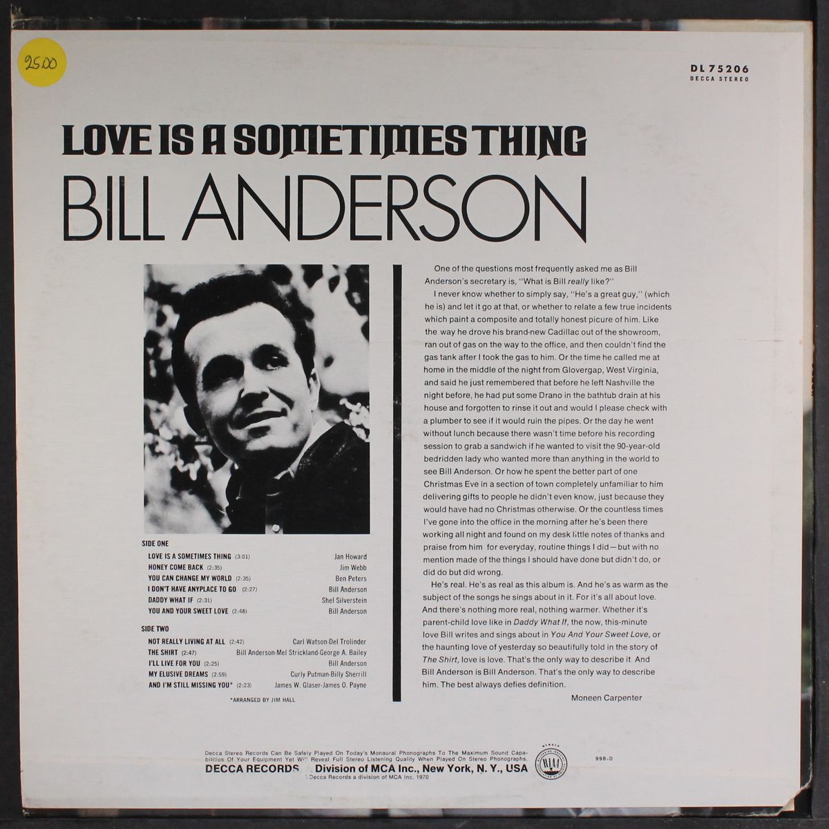 love is a sometimes thing by BILL ANDERSON