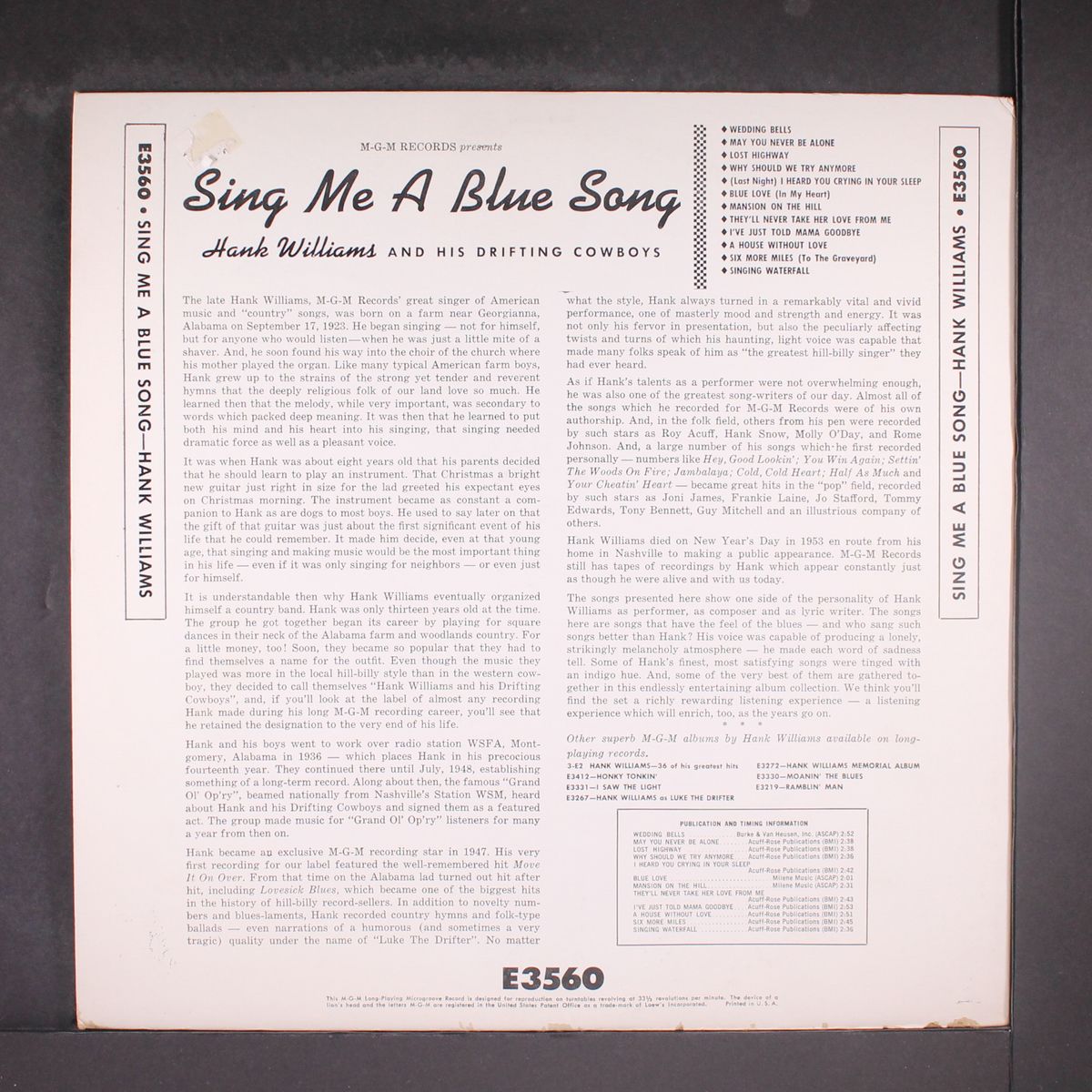 sing me a blue song by HANK WILLIAMS