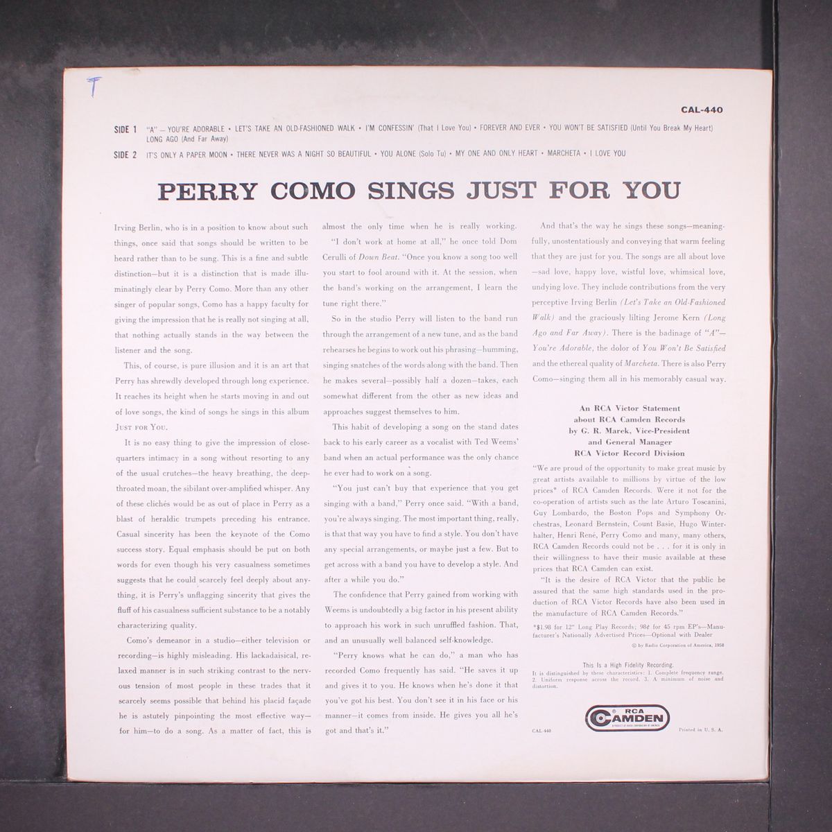 sings just for you by PERRY COMO