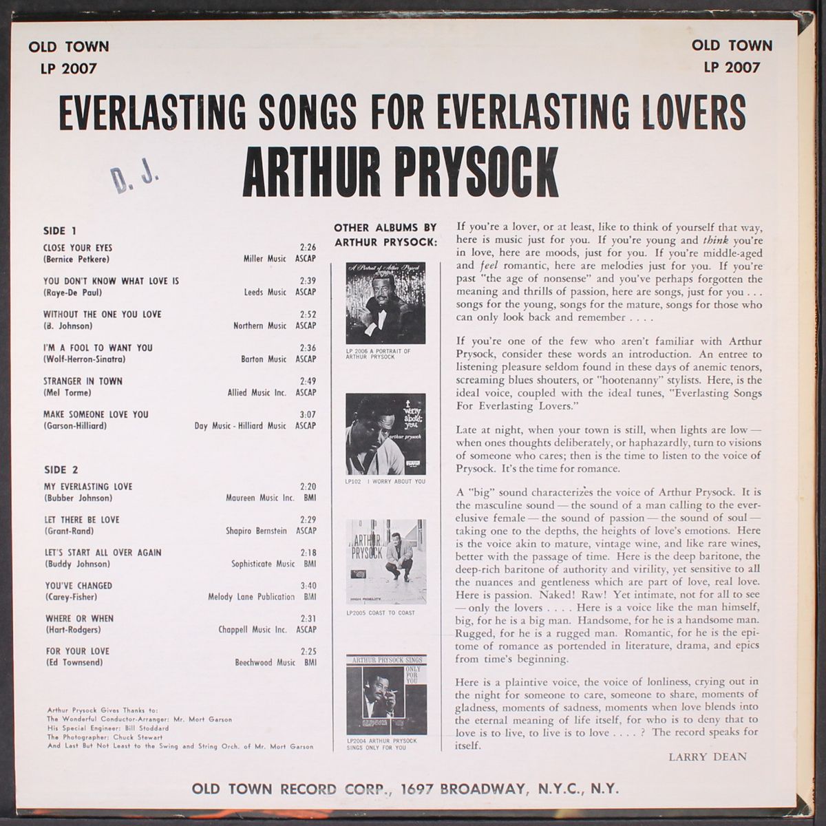 everylasting songs for everylasting love by ARTHUR PRYSOCK