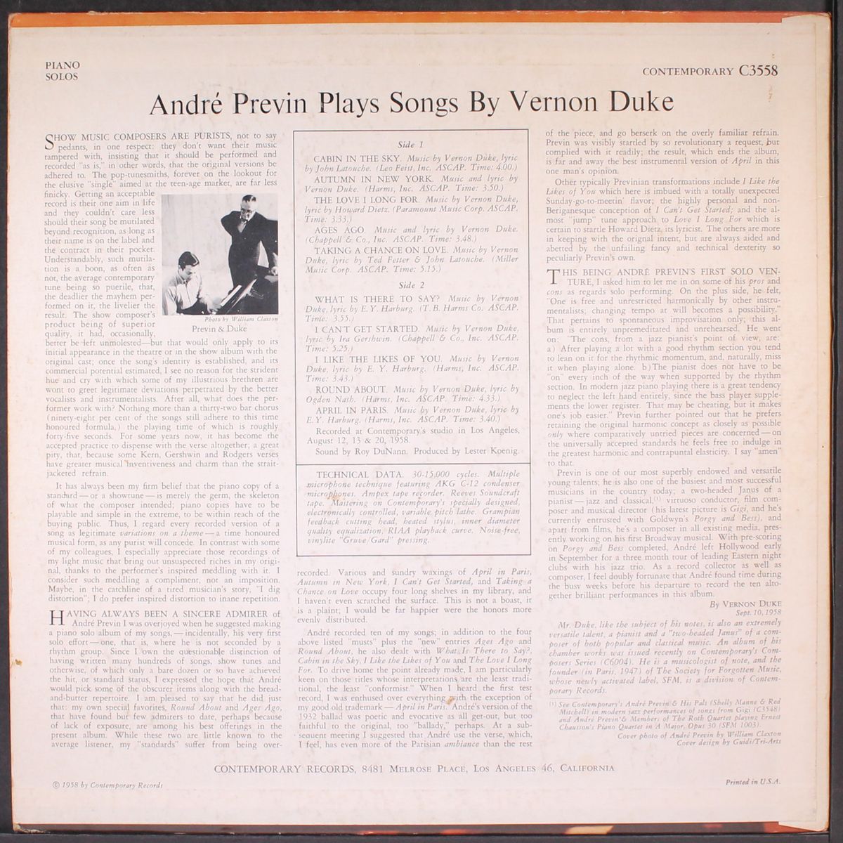 plays songs by vernon duke by ANDRE PREVIN