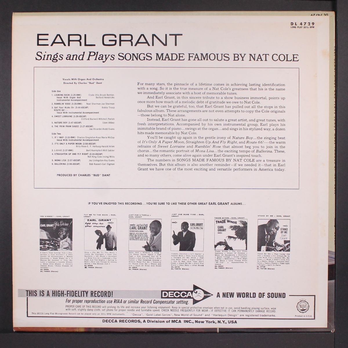 sings and plays songs made famous by nat cole by EARL GRANT