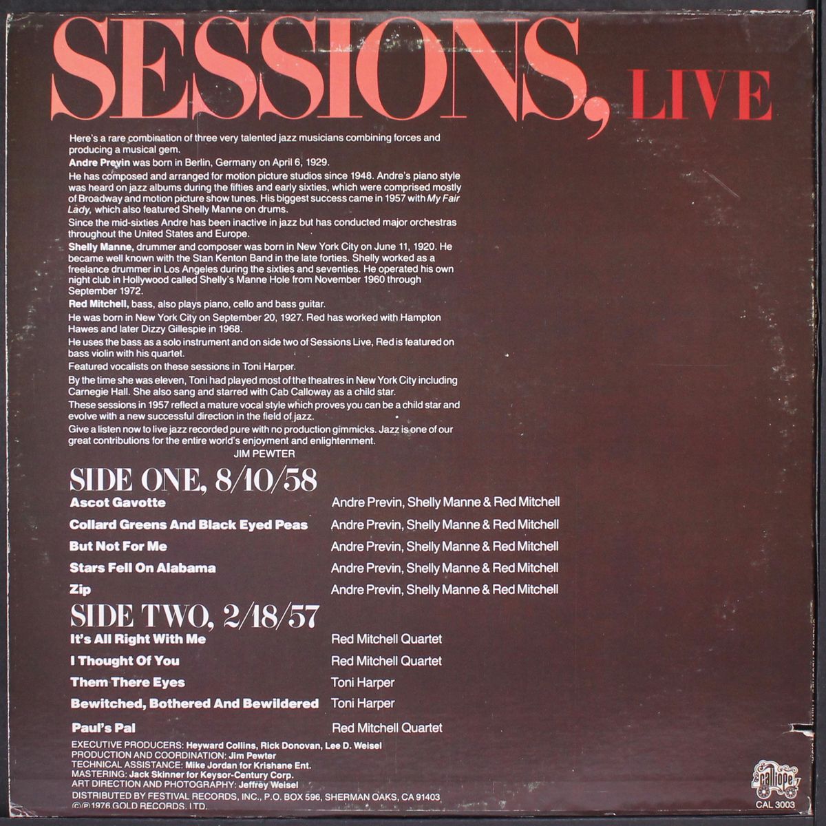 sessions, live by ANDRE PREVIN, SHELLY MANNE, & RED MITCHELL