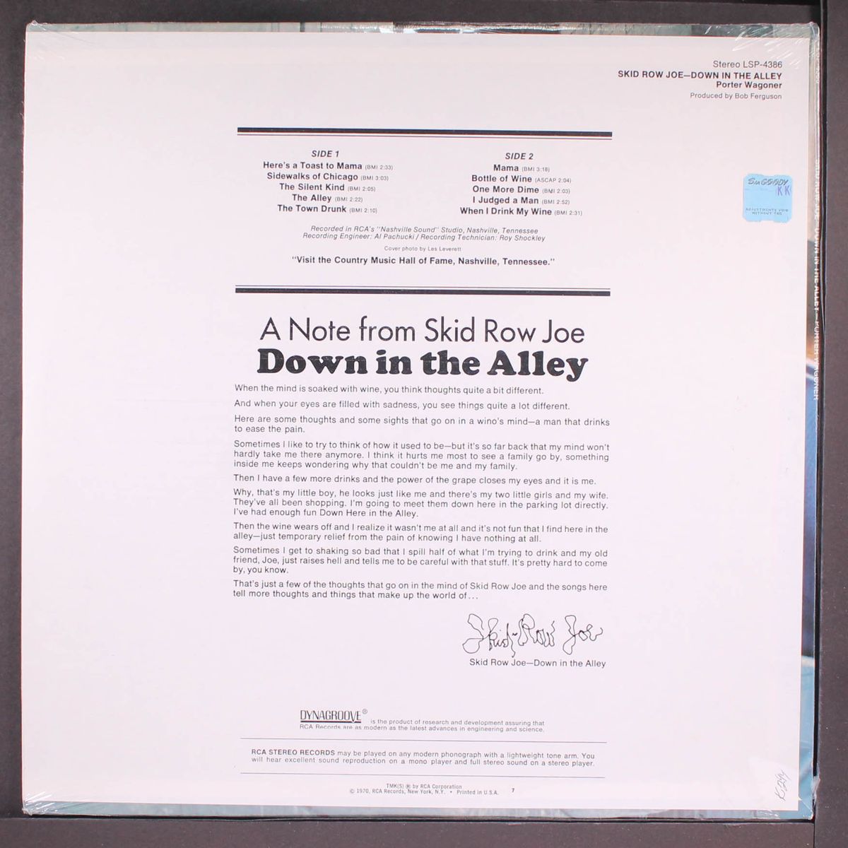 skid row joe, down in the alley by PORTER WAGONER