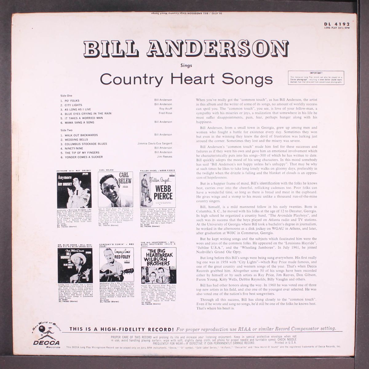 sings country heart songs by BILL ANDERSON