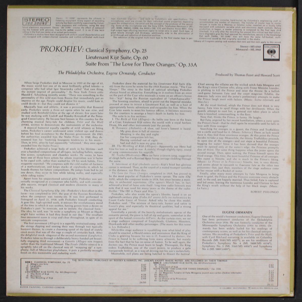 prokofiev: classical symphony / love for 3 oranges suite / lt. kije su by EUGENE ORMANDY