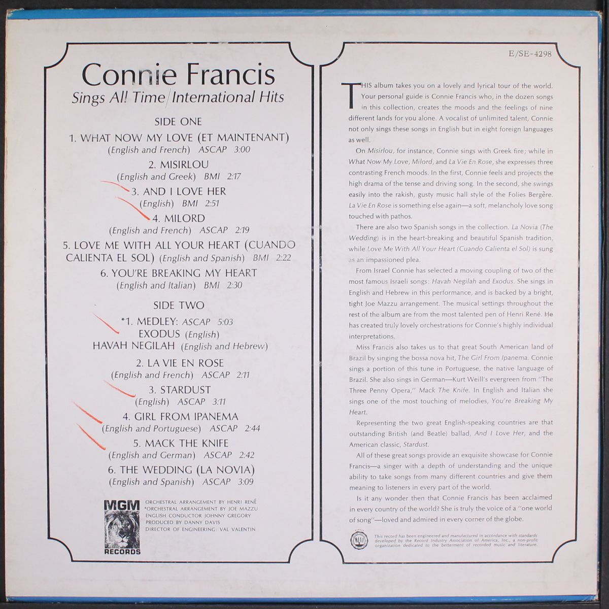 sings the all time international hits by CONNIE FRANCIS
