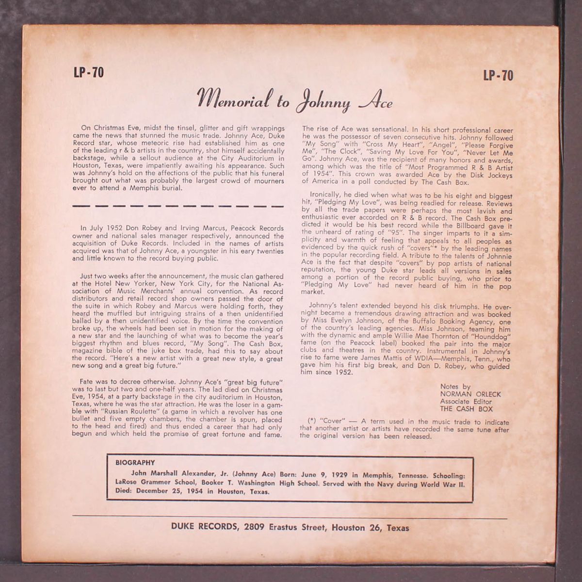 memorial album by JOHNNY ACE